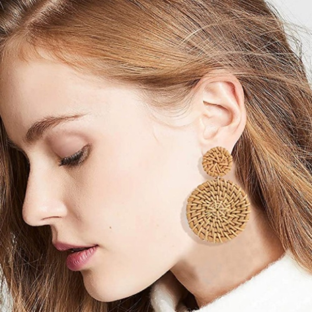 Handmade Rattan Double Disc Drop Earrings Boho Rattan Dangle Statement - Picture 2 of 5
